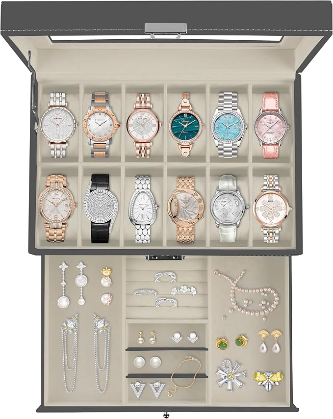 Ogrmar 12 Slot PU Leather Lockable Watch Storage Boxes, Men & Women Jewelry Display Drawer Case, 2-tier Organizer Watch Showcase with Glass Lid (Grey)