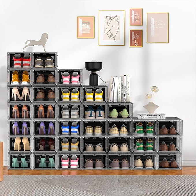 10 Pack Hard Sturdy Thickened Rigid XX Large Shoe Storage Organizer for Closet, Clear Stackable Sneaker Shoe Boxes Rack Containers Display Case Bins with Lids, Black Clear02