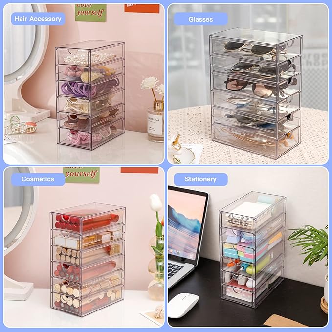 FABROK Clear Hair Accessory Organizer Box with 6 Drawers, Compact Storage Organization Drawers Set for Cosmetics, Glasses, Stationery, Stackable Storage Containers Box for Bathroom, Closet, Office