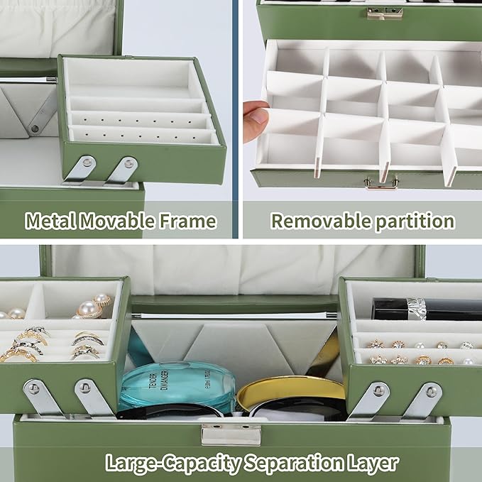 Dajasan Jewelry Organizer Box for Women Girls, Jewelry Holder Organizer, 4 Layers Leather Jewelry Box, Gift Idea for Valentine's Day, Christmas, New Year, Birthdays (Green)