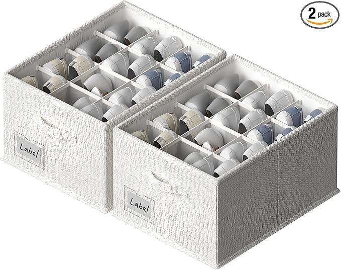 FHSQX 2 Pack Shoe Organizer for Closet,Fits up to 24 Pairs,Fabric Shoe Storage Bins,Large Shoe Box Storage Containers with Bottom Support for Shoes (White, (16.5 * 12.6 * 9.5) x1)