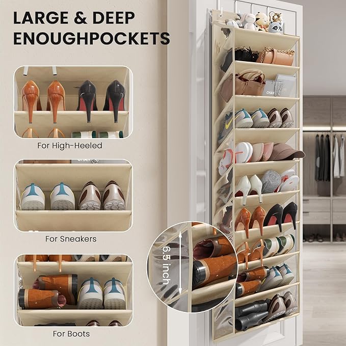 10 Tier Clear Over the Door Shoe Organizer with Deep Pockets, Door Shoes Rack with Hard Tube to Keep the Shape, Hanging Shoe Rack for Closet Organizers & Storage, Behind Door Shoe Holder Beige