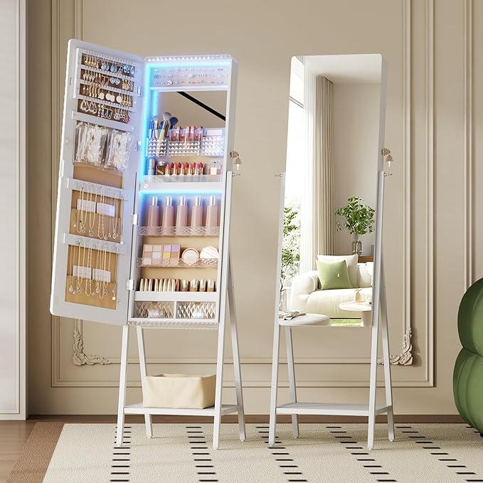LVSOMT LED Standing Jewelry Mirror Cabinet, Stand Up Full Length Mirror with Storage, Lockable Floor Jewelry Armoire Organizer with 2 Drawers, Bottom Shelf, Built-in Lighted Makeup Mirror (White)
