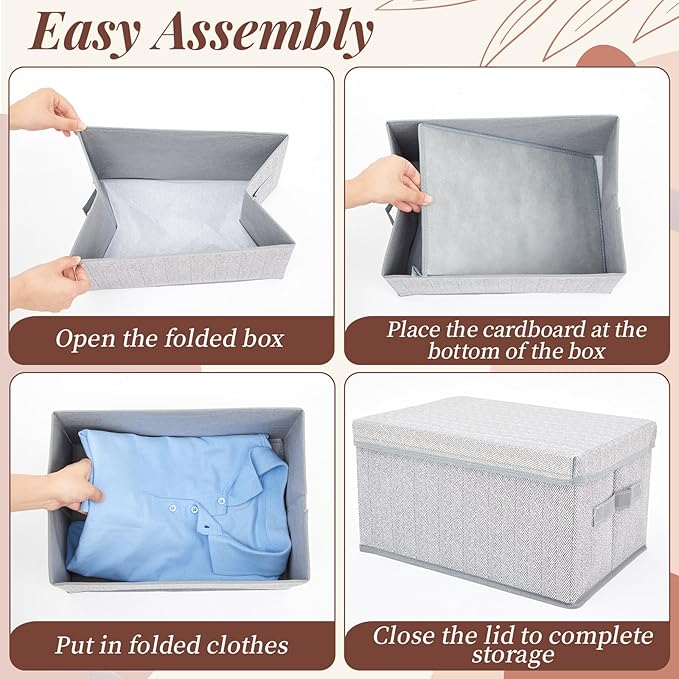LemonRoad 6 Pack 14'' x 10'' x 8'' Collapsible Storage Bins with Removable Lids, Fabric Closet Organizers with Handles, Foldable Memory Boxes for Organizing Shelves Nursery Bedroom, Home Closet, Gray