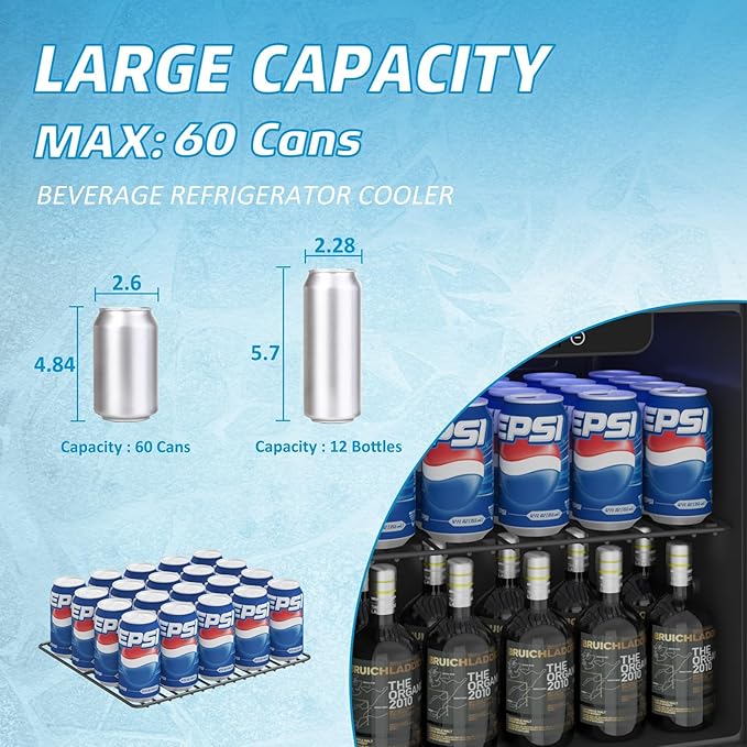 Compact Beverage Refrigerator,60 Can/1.3 Cubic Feet Fridge with Glass Front Door for Soda, Beer or Wine, Under Counter Small Refrigerator with Adjustable Shelve & Digital Display