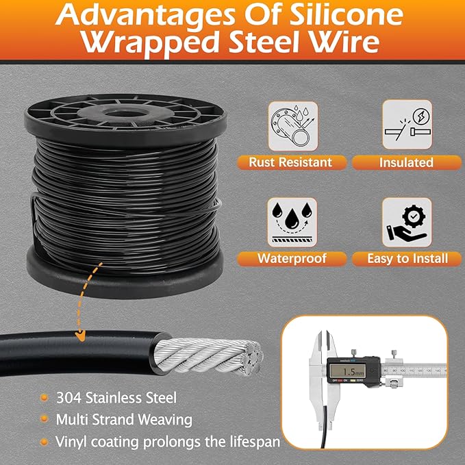 String Lights Hanging Kit, 164 FT Vinyl-Coated Stainless Steel Cable for Outdoor, Heavy Duty Crimping Plier, Turnbuckle & Hooks, Enough Accessories & Use Manual for Clothesline, Garden Rigging