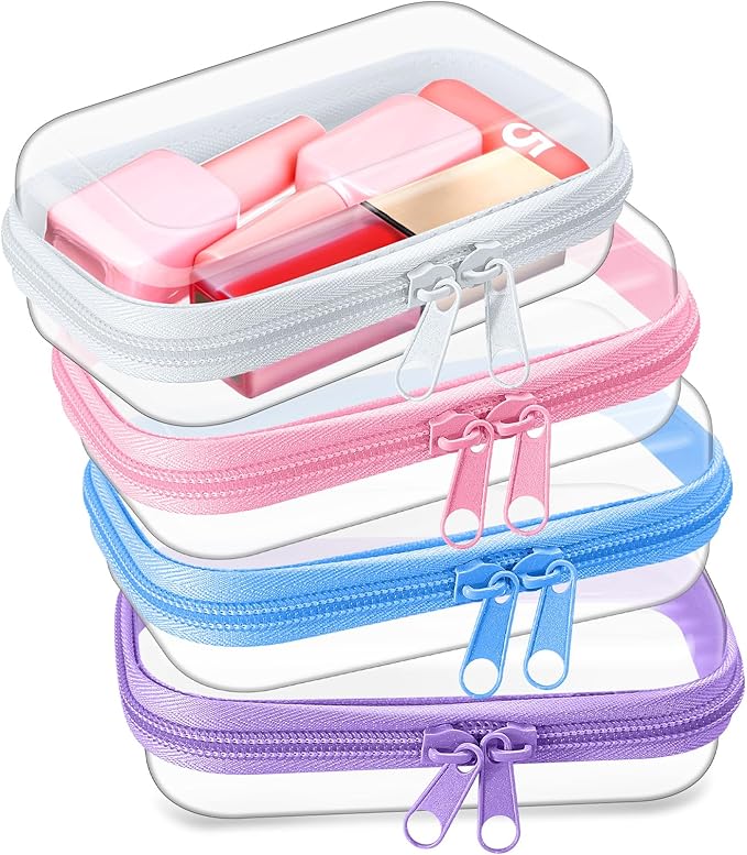 Hoolerry 4 Pcs Hard Clear Zipper Case Makeup Bags Plastic Pencil Pouch Transparent Storage Box Containers for Cosmetics, Snacks, Building Blocks, Puzzles(Multicolor,5 x 3 x 2 in)