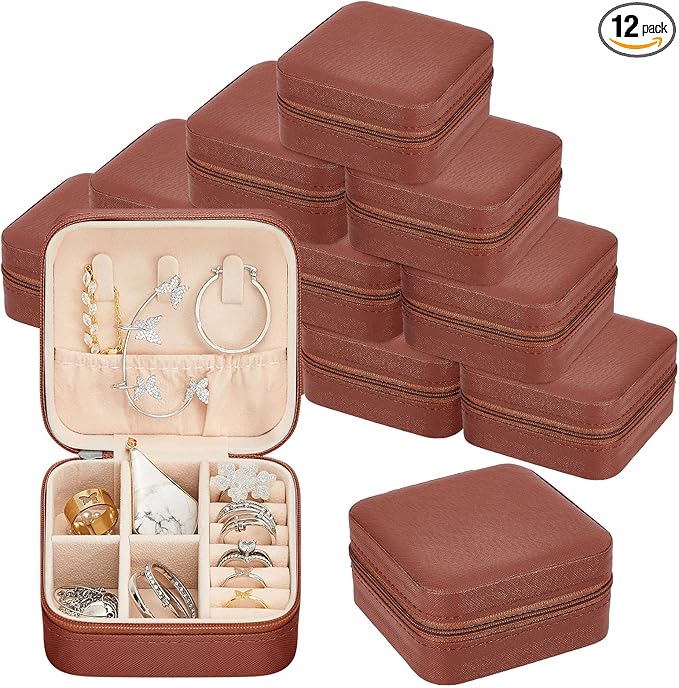 Taiyin 12 Pcs Travel Jewelry Case, Valentines Day Gifts for Her- Small Jewelry Organizer Box Bridesmaid Gifts for Women Girls (Brown)