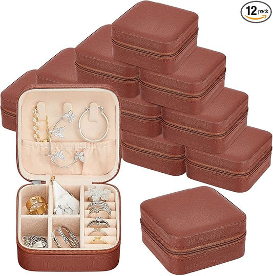 Taiyin 12 Pcs Travel Jewelry Case, Valentines Day Gifts for Her- Small Jewelry Organizer Box Bridesmaid Gifts for Women Girls (Brown)