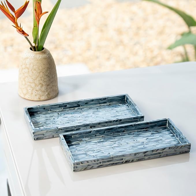 PEMAR Blue Mother of Pearl Tray Set of 2 – Handcrafted Decorative Vanity & Countertop Organizer for Bathroom, Entryway, Coffee Table – Elegant Home Decor Accent, 11.8" Lx5.1 Wx1 H