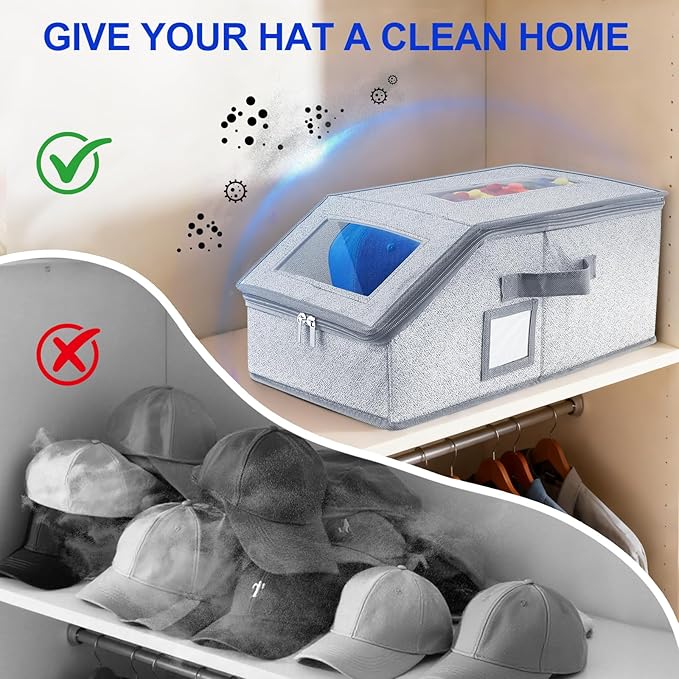 Hat Organizer for Baseball Caps,2PCS Stackable Hat Storage Box with Clear Window Lid, Space-Saving Box for Closet