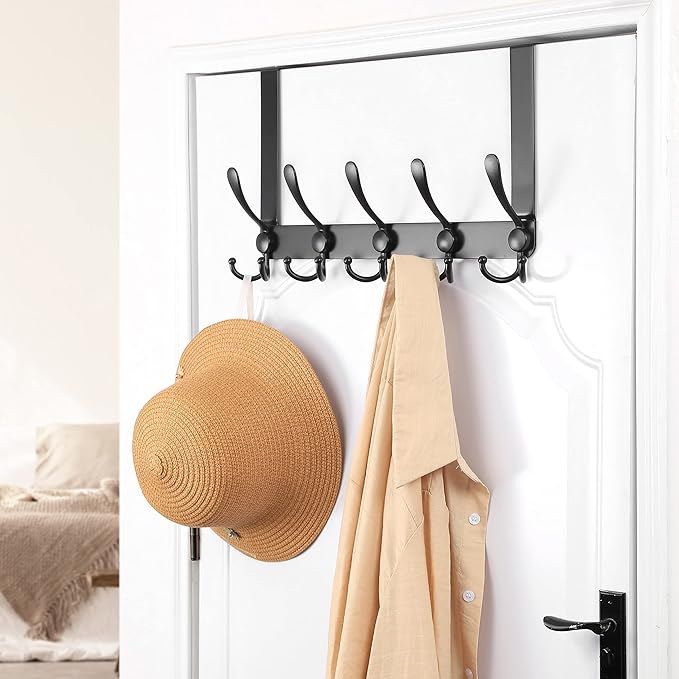 Dseap Over The Door Hook Hanger - Fits 1 3/8" to 1 3/4" Standard Doors | 5 Tri Hooks Heavy Duty Towel/Coat Rack | Door Organizer for Clothes, Jackets, Hats, Towels, Black