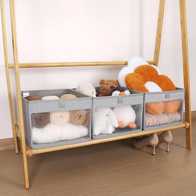 WUIKE Closet Storage Bins, Medium Storage Boxes with Clear Window, Fabric Storage Baskets for Organizing Clothes, Sheets, Blankets, Decorative Storage Bins, Herringbone Gray