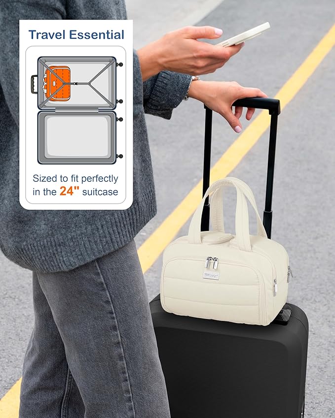 TOPDesign Travel Toiletry Bag for Women, Puffer Large Toiletry Bag, Lightweight Cosmetic Makeup Organizer with Handle for Traveling, Accessories, Essentials, Toiletries (Ivory White)