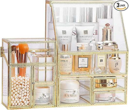 MOOCHI Golden 3 Pieces Makeup Organizers for Vantity, glass, Skin Care Organizer, Drawers,Brush Organizer,Countertop Cosmetics Storage Display Case
