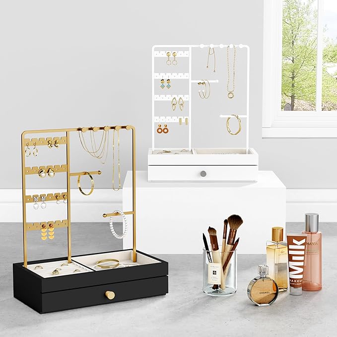 Black and Gold Jewelry Organizer Stand Necklace Holder, Decorative Jewelry Tower Stand for Earrings Rings Bracelets, Necklace Display Hanger Tree for Women Dresser Top (Black and Gold)