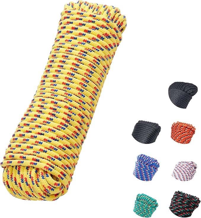 3/8 Inch 100 ft Diamond Braided Polypropylene Rope, All Purpose Thick Boat Marine Ropes for Camping and Flag Pole, Indoor and Outdoor Use, Indoor and Outdoor Use, Yellow