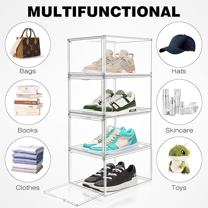 2 Pack Drop Front Acrylic Shoe Boxes with Magnetic Door Fit US Size 12, Clear Stackable Shoe Organizer for Closet, Entryway, Underbed, Multiple Display Cases for Hats, Figures, Sneakers