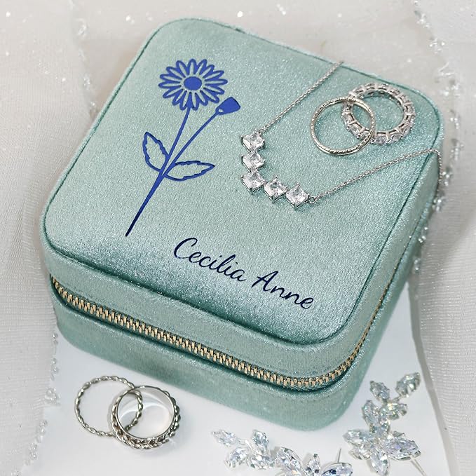 Customizable Compact Velvet Jewelry Box with Mirror, Travel Jewelry Case, Travel Jewelry Organizer, Jewelry Box for Women and Girls, Small Jewelry Organizer (Flower Design, Mint Green)