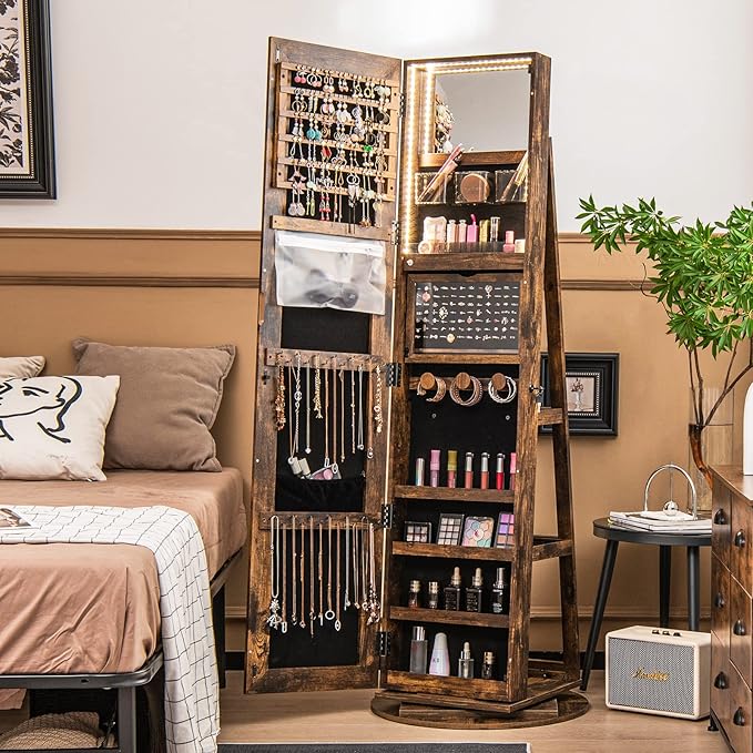 Mirror Jewelry Cabinet Standing with Full Length Mirror, 360° Swivel Jewelry Armoire with 3-Color LED Lights & Foldable Makeup Shelf, Lockable Organizer for Women, Space-Saving (Rustic Brown)