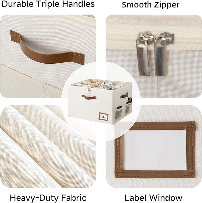 StorageWorks Shoe Oragnizer for Closet, 2 Pack Shoe Storage Cubes Holds Up to 16 Pairs, Space Saving Storage Boxes with Lid and Hanldes, Beige