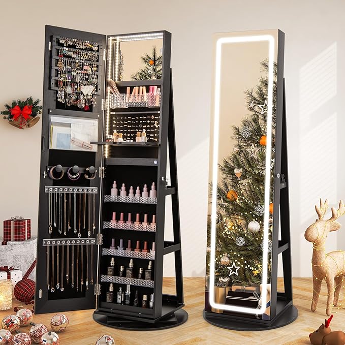 GOFLAME 360° Swivel Jewelry Cabinet Armoire with Full Length Mirror, Standing Jewelry Storage Organizer with Rear Storage Shelves, 3-Color LED Lights, Foldable Shelf, Interior Mirror, Black