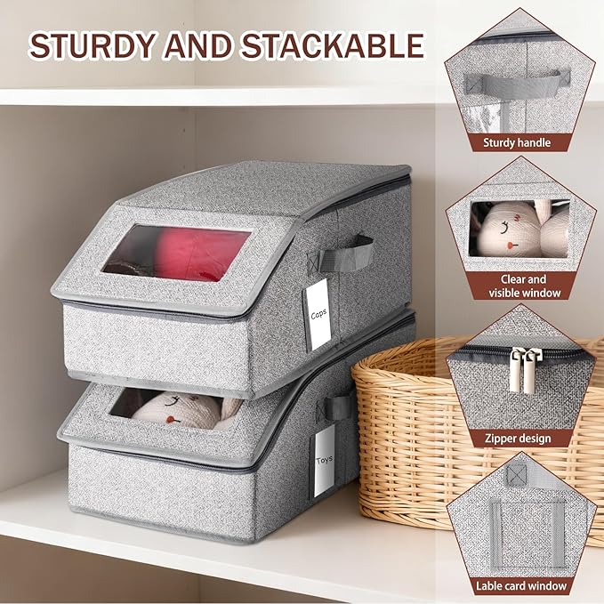 Stackable Hat Organizer for Baseball Caps - Holds 12 Caps, Clear View Lid, Space Saving Closet Storage (Set of 4, Breathable Fabric)