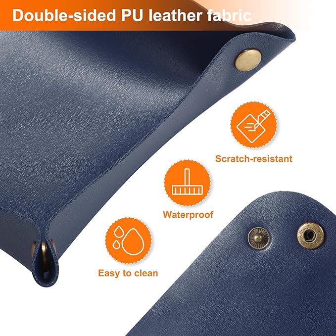 HARFINGTON 4pcs PU Leather Valet Tray Unisex Folding Small Catchall Tray Portable Entryway Table Tray Nightstand Bedside Desk Tray for Key Wallet Watch Coin Jewelry Dice, Dark Blue