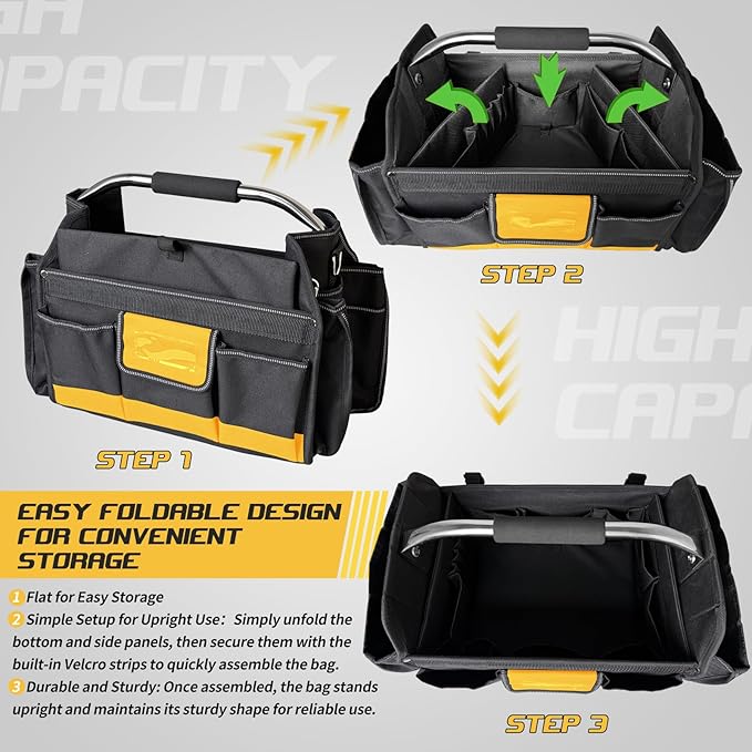 18 Inch Open Top Tool Bag, Tool Bags for Men with 30 Pockets, 1680D Waterproof Fabric, Foldable Electrician Tool Bag with Rotating Handle, Reflective Tool Organizer for Men, Yellow