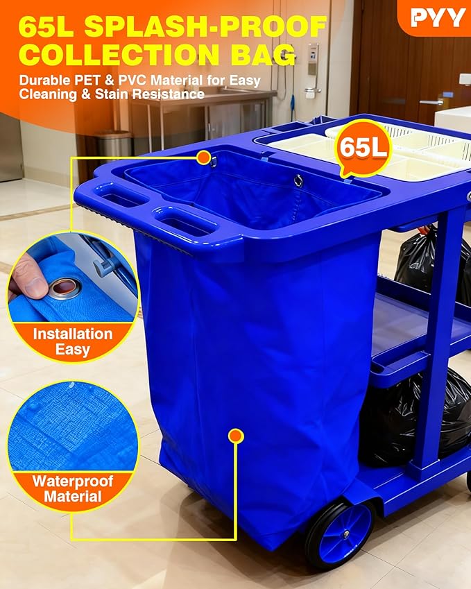 PYY Janitorial Cart - 3-Shelf & 2 Bins Cleaning Carts On Wheels, Smooth Swivel Caster, 65L Collection Bag, 300LBS Load Capacity, Sturdy Cleaning Cart for Housekeeping, Janatorial Cleaning (Blue)