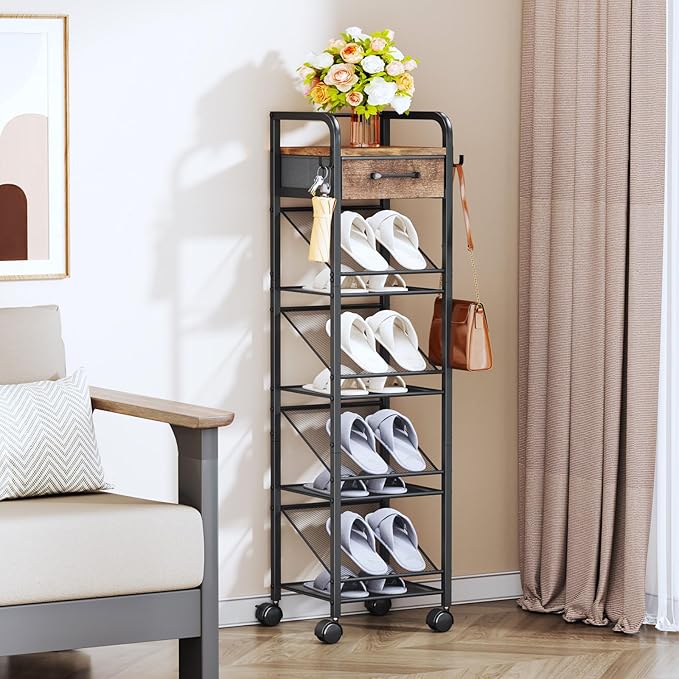 SWTYMIKI Rolling Vertical Shoe Rack - Shoe Tower with Drawer and Hooks, Shoe Storage Organizer for Entryway Closet Bedroom, Space-Saving Wood and Metal Narrow Shoe Shelf, Espresso