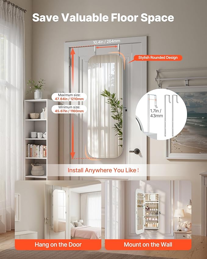 VEVOR Mirror Jewelry Cabinet, 42.5-inch Tall, Full-Length Mirror with Storage, Wall Mount/Over the Door Jewelry Armoire Organizer, Rounded Design, Lockable with 2 Keys and a Travel Organizer, White