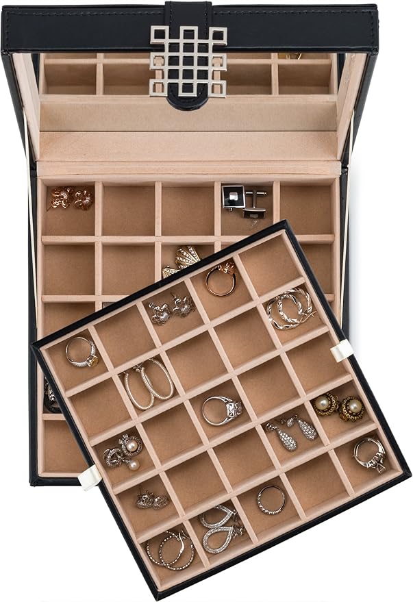 Glenor Co Earring Organizer - Classic 50 Section Jewelry Box/Case/Holder for Earrings, Rings, Necklaces, Jewelry, Cufflinks or Collections -2 Layer Small Compartments with Large Mirror - Black