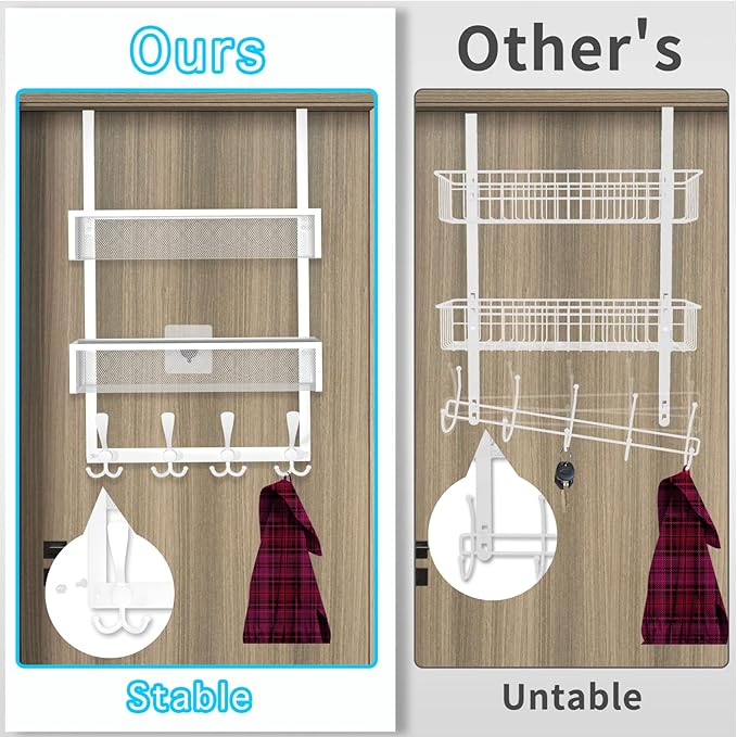 Over The Door Hooks Organizer,Coat Rack with 12 Hooks and 2 Mesh Baskets,Back of Door Storage Organizer for Bathroom,Bedroom,Kitchen,Office(White)
