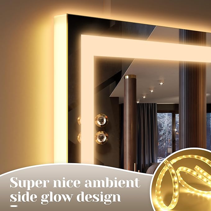 FENNIO Large Vanity Mirror with Lights，38" x 28" LED Makeup Mirror，Hollywood Mirror with 3 Color Modes & Adjustable Brightness，Vanity Mirror Square White