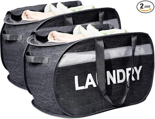Collapsible Laundry Basket 2 pack, Foldable Pop Up Black Laundry Baskets Mesh with Lid & Handle, Pop Up Collapsible Laundrys Hamper, Fabric Laundrys Baskets for Dorm, Travel, Bathroom