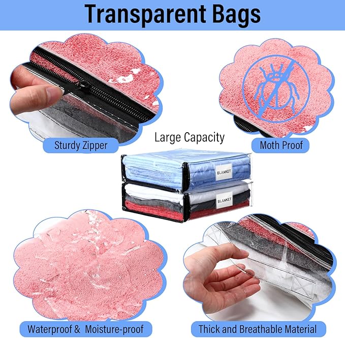 Kenning Set of 20 Clear Zippered Storage Bags for Sheet Organizer Plastic Sweater Bags with Handle Pocket Vinyl Bag for Bed Blanket Throw Pillow Toys(Black,11 x 15 x 4 Inch)
