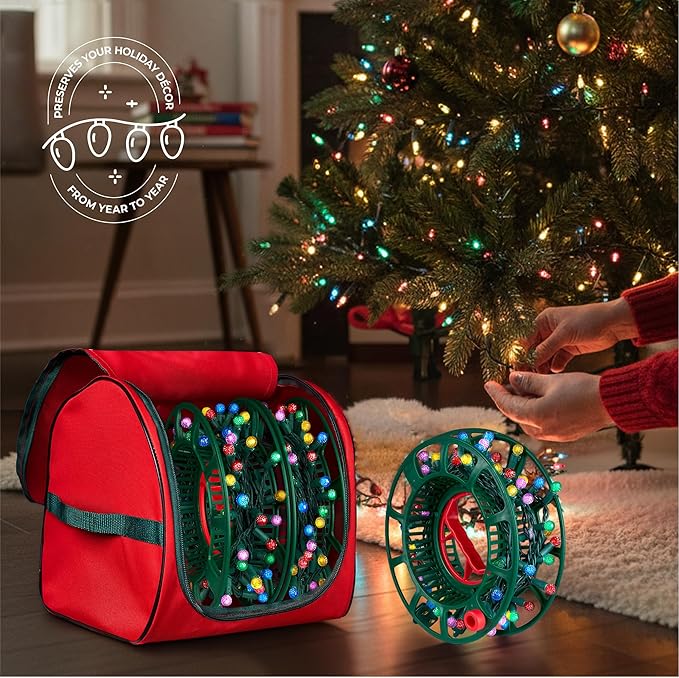 ZOBER Christmas Light Storage Reels - Christmas Light Organizer with 3 Plastic Wheels - 600D Oxford Fabric - Fits 200 Mini Lights per Spool, Lights Storage - Stitched Reinforced Handles - Red