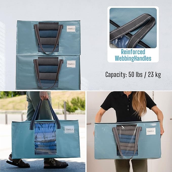 VENO 2 Pack Moving Bags, Christmas Storage Bins, Moving Boxes Alternative, Comforter and Blanket Storage Bags, College Dorm Packing Supplies, Foldable Heavy-Duty Tote (Shiny Light Blue, 2 Pack)