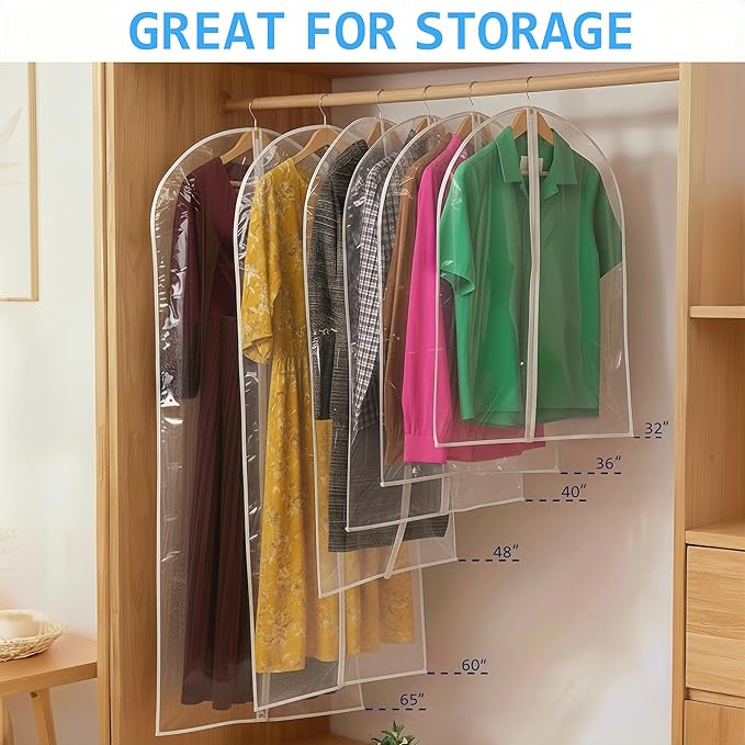 60” All Clear Garment Bags for Travel - PEVA Waterproof Suit Cover with Zipper for Hanging Clothes, long Gowns - Durable Dresser for Closet Storage, Dustproof & Moisture Resistant - 60”/12 Pack