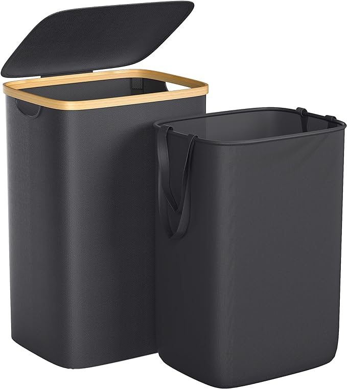 Large Laundry Hamper, 75L Waterproof Laundry Basket with Lid and Removable Bag, Collapsible Tall Clothes Hamper with Bamboo Handles for Clothes Toys in Dorm Bedroom Bathroom, Black
