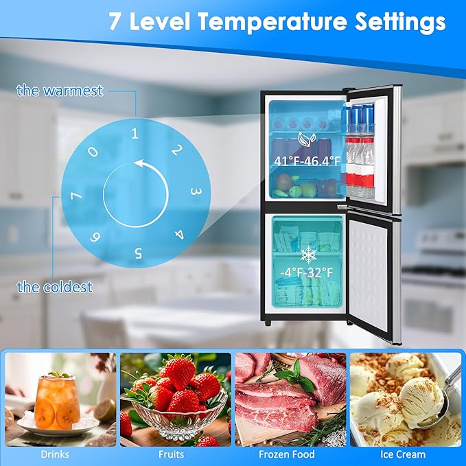 4.3 Cu. Ft. Compact Fridge with Freezer, Double Door Small Refrigerator with Adjustable 7-Level Thermostat, Mini Refrigerator for Kitchen, College, Apartment, Office, Silver