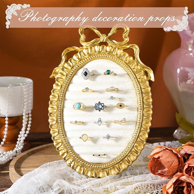 Vintage Ring Holder Round Bow Gold Ring Wedding Display Suede Jewelry Box Stand Frame Earring Tray Anniversary Engagement Baroque Organizer Photograph Prop for Women Birthday Christmas Gift