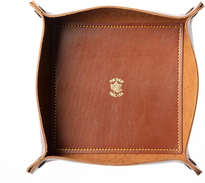 USA Handmade Premium Leather Valet Tray, Folds Flat! Dice Rolling Basket and Organizer with Brass Snaps (Chestnut Gold, Large)