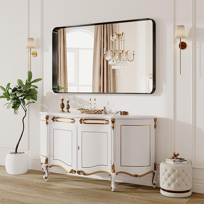 60X30 Inch Black Metal Framed Bathroom Mirror for Wall, Large Matte Vanity Rounded Rectangle Mirrors for Over Sink Wall, Modern Decorative for Restroom, Farmhouse, Horizontally or Vertically Hanging