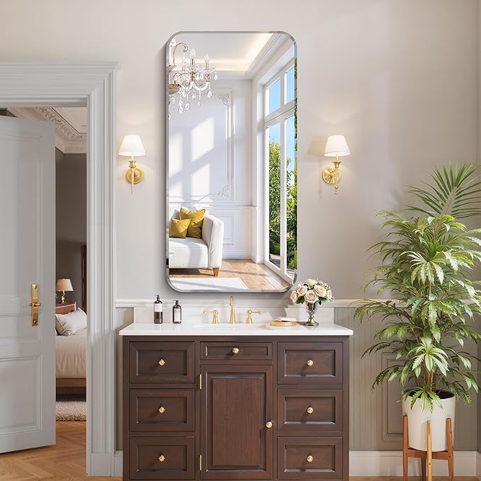 CILIBER Frameless Mirror, 24x48 Beveled Bathroom Mirror Rounded Corner, Frameless Wall Mirror Shatterproof Tempered Glass Lightweight Design for Bedroom Living Room Entryway