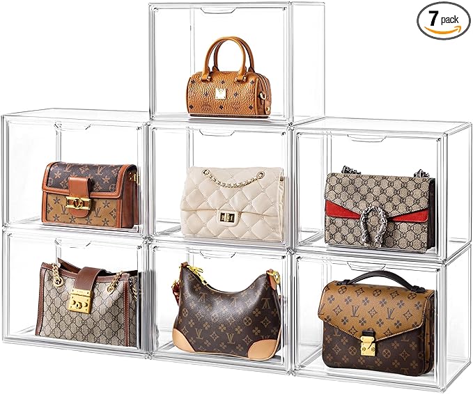 HBlife 7 Pack Purse Storage Organizer for Closet, Large Clear Stackable Handbag Display Case Box with Magnetic Door for Collectibles, Cosmetics, Women Heels and Toys