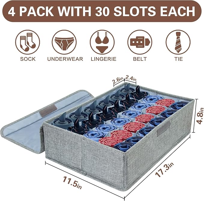 PINGMIC Gray Sock Organizer Divider 4 Pack with Lid - 30 Cell Foldable Closet Storage, Tie Organizer For Men Boxes for Socks, Ties, Belts