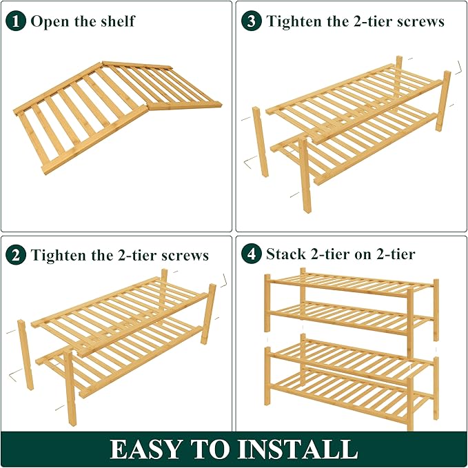 Smiry Bamboo Shoe Rack for Closet, 4 Tier Wooden Stackable Shoe Organizer, Free Standing Shoes Storage Shelf for Entryway, Front Door Entrance, Natural