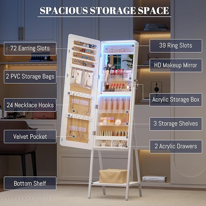 LVSOMT LED Mirror Jewelry Cabinet, Large Jewelry Armoire Cabinet Standing, Lockable Full Length Mirror with Jewelry Storage, Space-Saving Jewelry Organizer Mirror, 14 RGB Lights, White